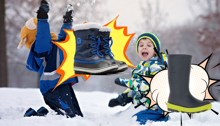 Kids wearing snow boots and wellies playing in snow