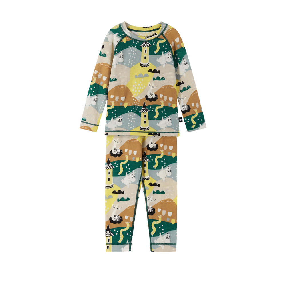 Reima Baby & Kids Trivsam Merino Thermals with a Momin patterm in green, brown and yellow