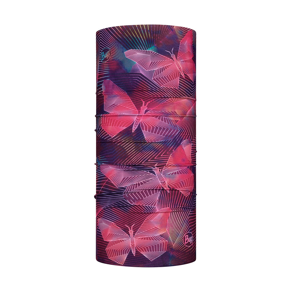 Kids Buff neck warmer with pink and purple butterfly pattern